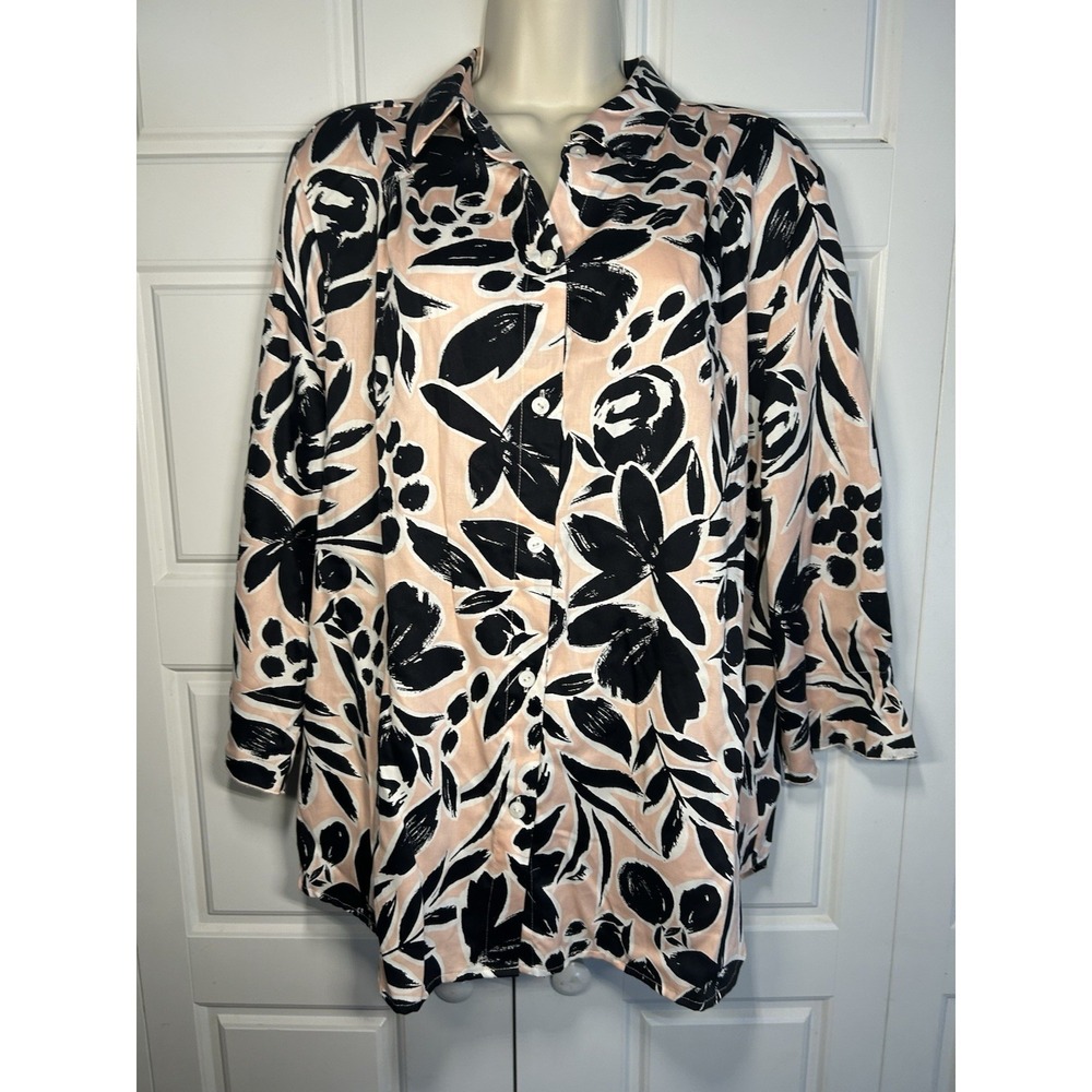 Foxcroft NYC Floral Button Front Blouse Women's 16 Wrinkle Free Cotton Relaxed